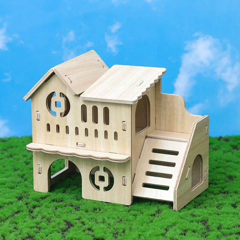 Hamster Wooden Small Villa Swing Seesaw Small Nest Solid Wood House Hamster Sleeping Nest Hide Out Quail Rutin Chicken Toy pet house