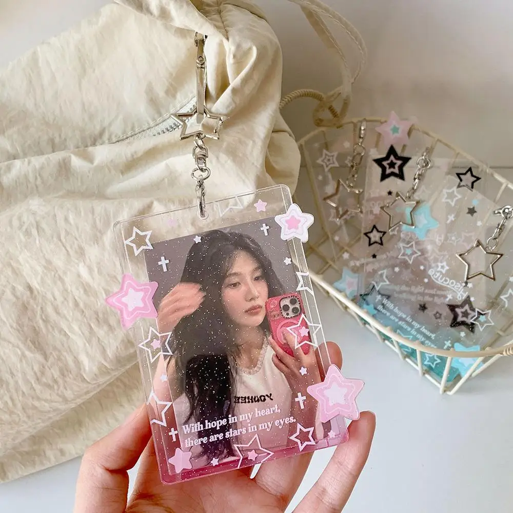 Glitter Acrylic Photocard Holder 3 inch Transparent Korean Star Photo Protector Holder Idol Photo Sleeves Pendant Keychain