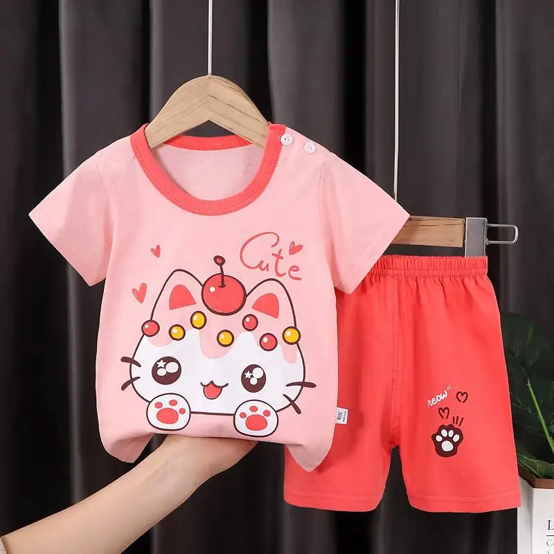 Summer New Pure Cotton Children Short Sleeve Outfits Cartoon Casual Fashion Baby Unisex Girls  O-neck Soft  Kids' Clothes Suits baby dress set for girl Baby Clothing Set