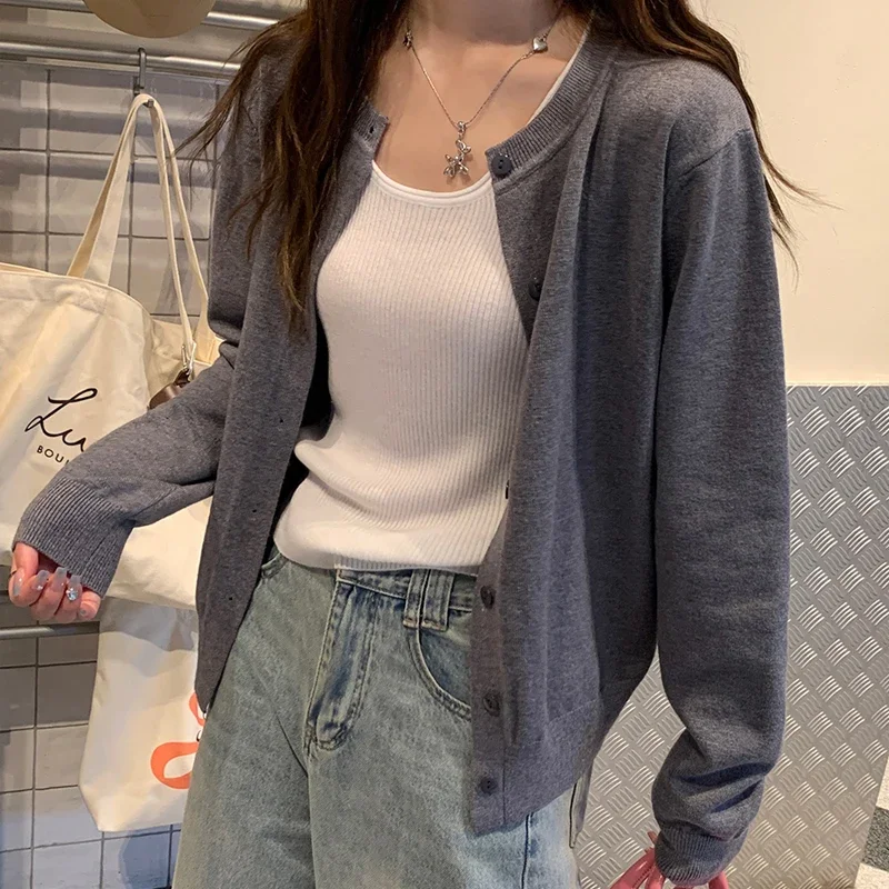 Autumn and Winter New Women's Clothing Crew Neck Cardigan Long-sleeved Sweater Elegant Single-breasted Knitwear Solid Color Coat