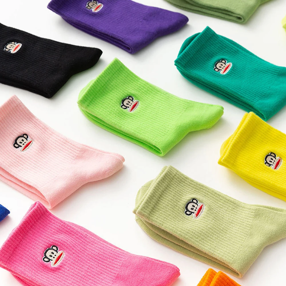 Cartoon Women Socks 3Pairs Solid Color Middle Tube Candy Sock Cute Monkey Fashion Trendy All-Match Comfortable Pure Cotton Sock
