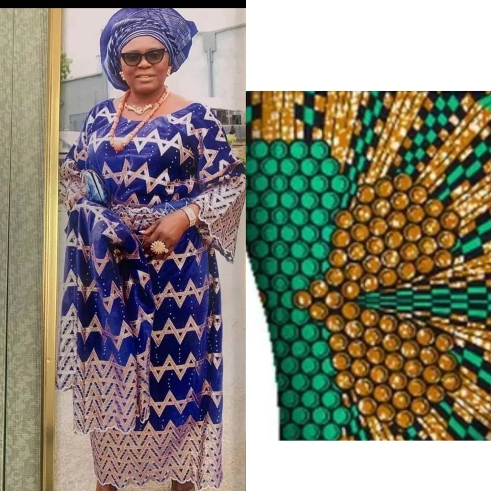 

African Women's Printed Dress with Headscarf and Hand Tie Three-piece Set Ankara Traditional Clothing