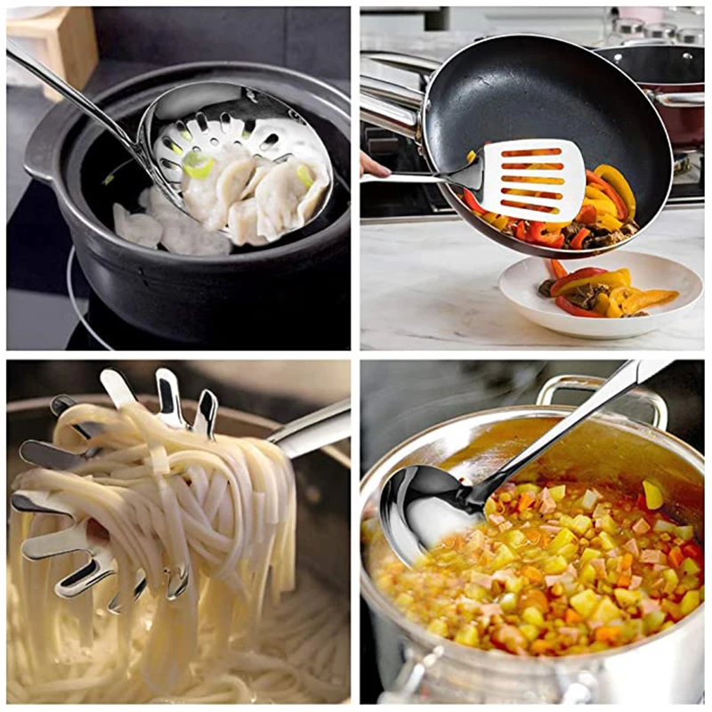 Kitchen utensils 1/6Pcs Stainless Steel Cooking Tools with Heat-resistant Handle-Turner Soup Spoon Strainer Pasta Server
