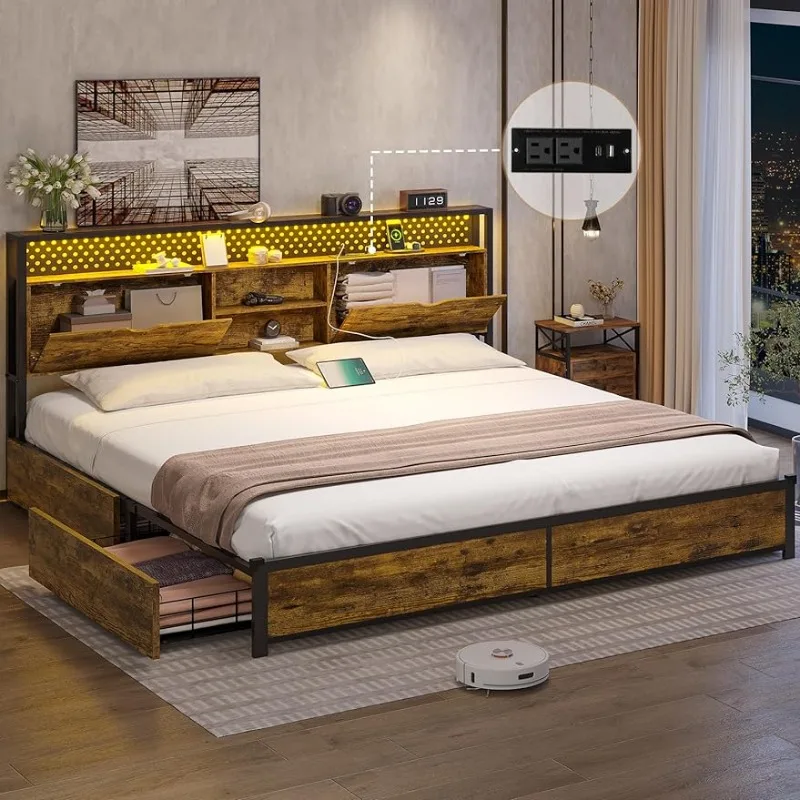 

ADORNEVE Full LED Bed Frame with Storage Headboard Full Size Platform Bed with Type-C & USB Charging Station US