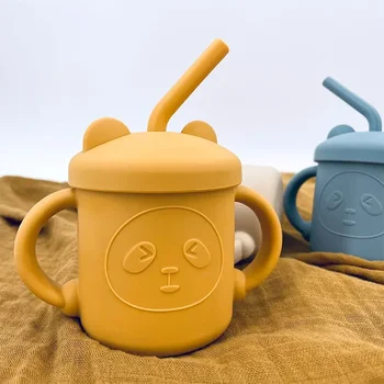 BPA 프리 실리콘 식기, 아기 수유 음료 용기, 2 빨대 컵, 아기 학습 수유 컵, Sippy 컵, 유아 물병