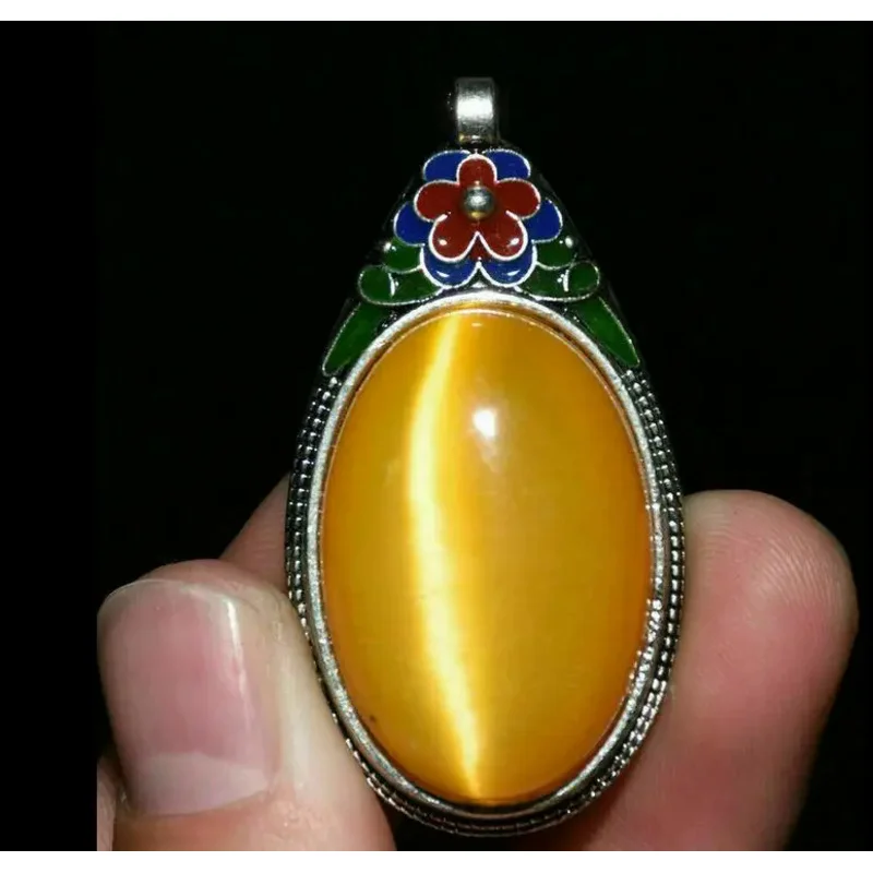 

1,8 "Соберите Редкий китайский серебряный кулон с инкрустированным желтым драгоценным камнем luy Amulet