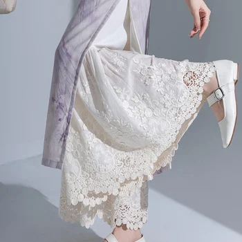 Non- Static Embroidered Lace  Base Pant High Waist Long Pants Polyester Cotton Blend Comfortable Stretchy Skirt 1