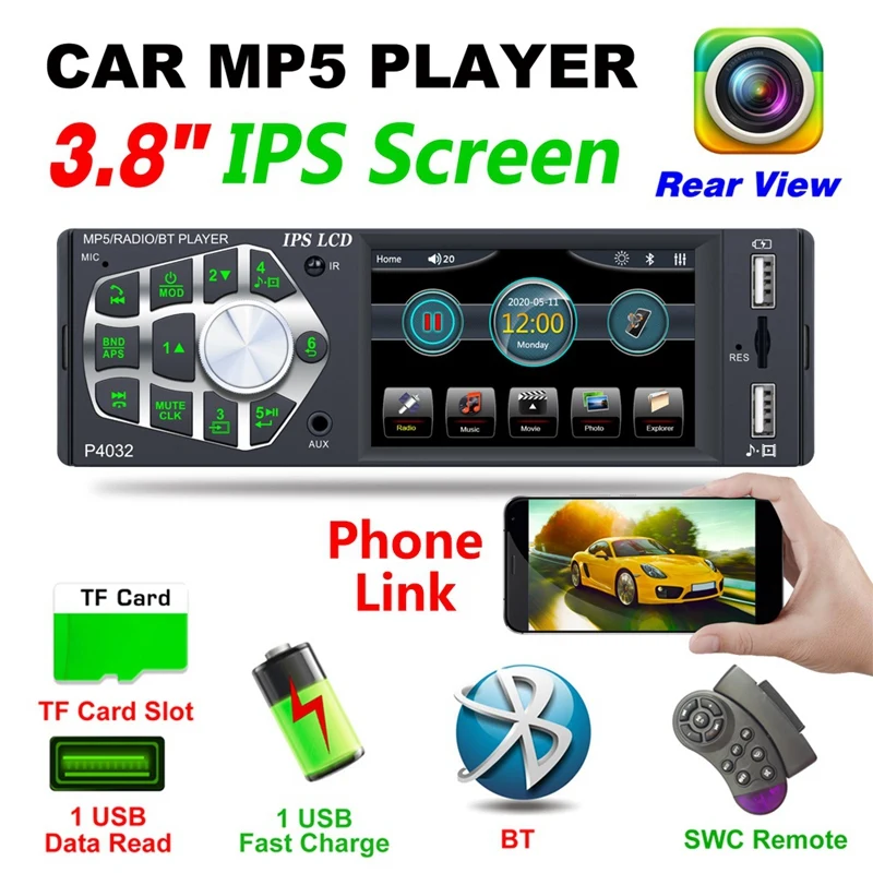 

3.8 Inch Autoradio Bluetooth Auto Audio MP5 Player Car Radio FM 1 Din Radio Player Wheel Control