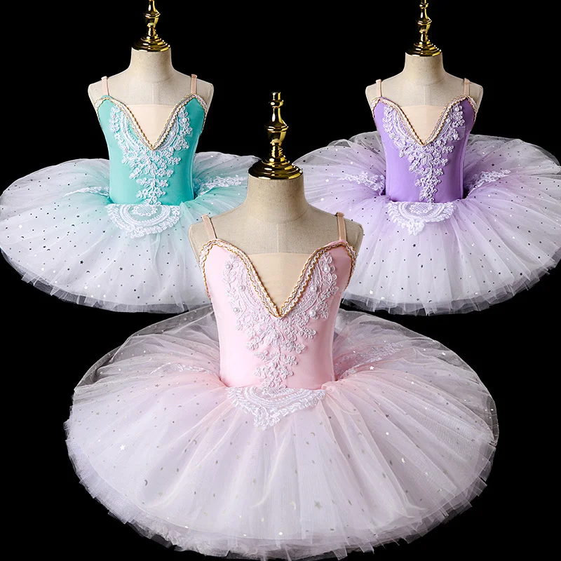 

2023 New Ballerina Fairy Prom Party Costume Kids Blue Sequined Flower Dress Girls Dance Wear Gymnastic Ballet Leotard Tutu Dress