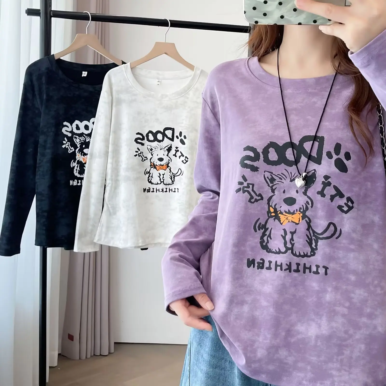 Fashion Plus Size Women's T-Shirt Autumn Long Sleeve Stylish Waist Fold Printed Cartoon Casual Tops 2537