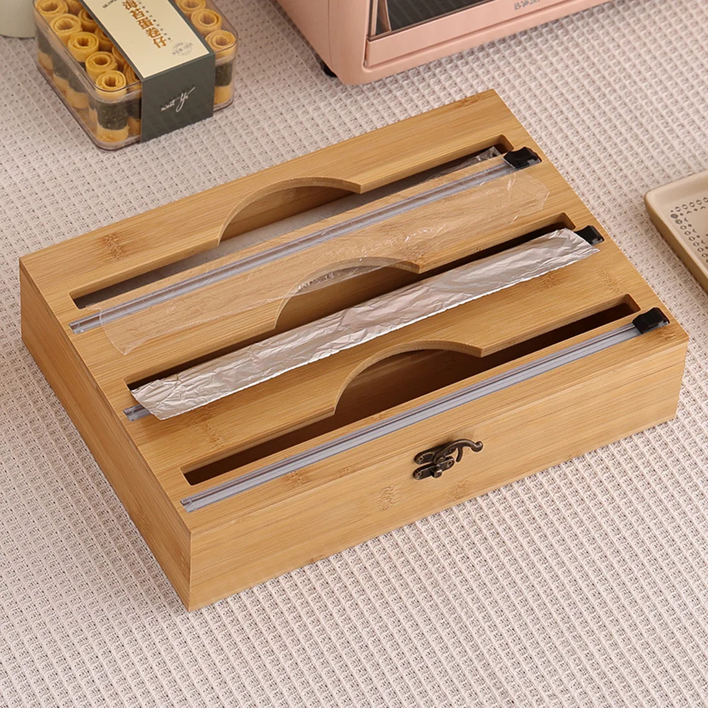 

New 3 In 1 Bamboo Wrap Dispenser Storage Dispenser For Aluminum Foil Dispenser With Cutter Cling Film Holder Kitchen Accessories