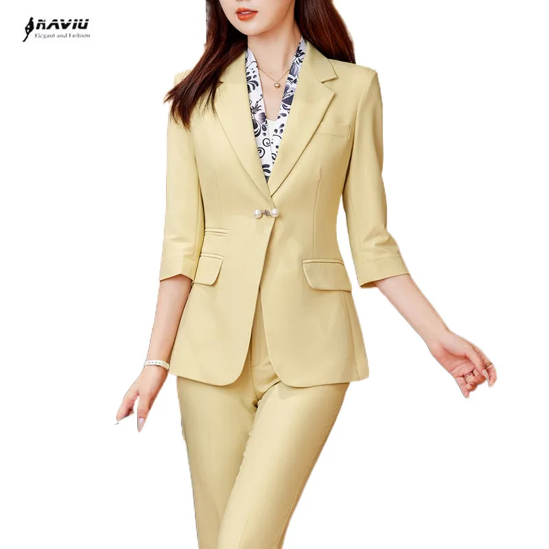 yellow-suits-women-summer-new-temperament-style-professional-casual-slim-blazer-and-pants-two-piece-sets-office-ladies-work-wear