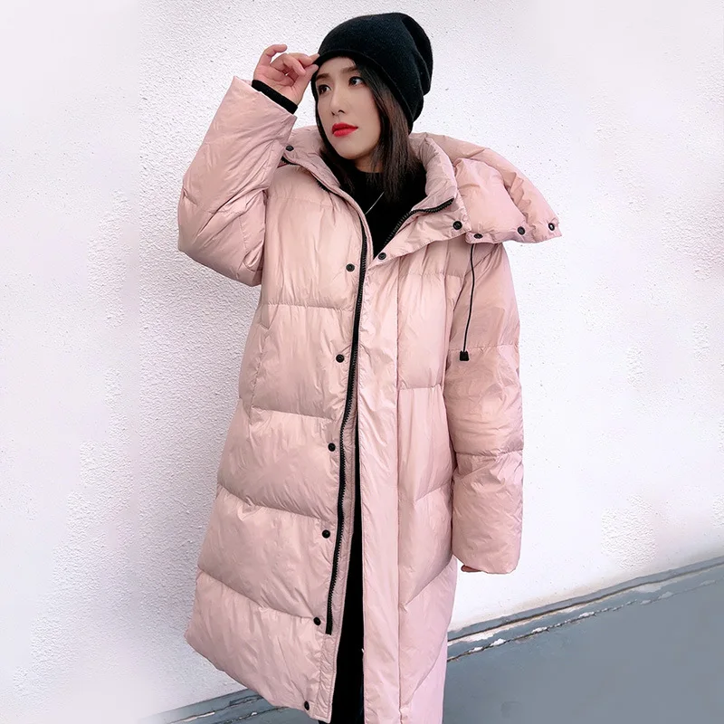 Long length large size down jacket women's new winter fashion version of loose and thick warm hooded white duck  down coat