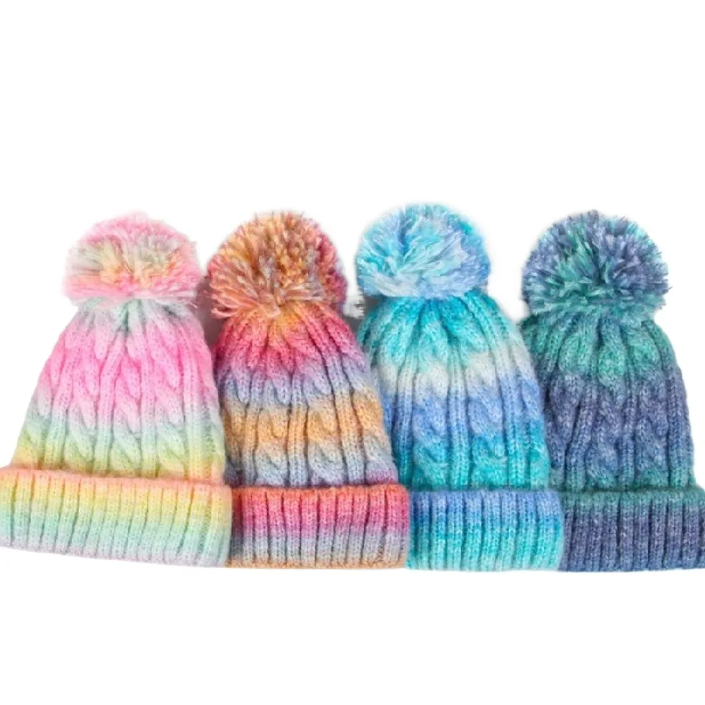 Gradient Color Baby Hat Scarf Gloves Set Cute Pompom Warm Ears Toddler Knitted Hat Thickened with Velvet Hat Set