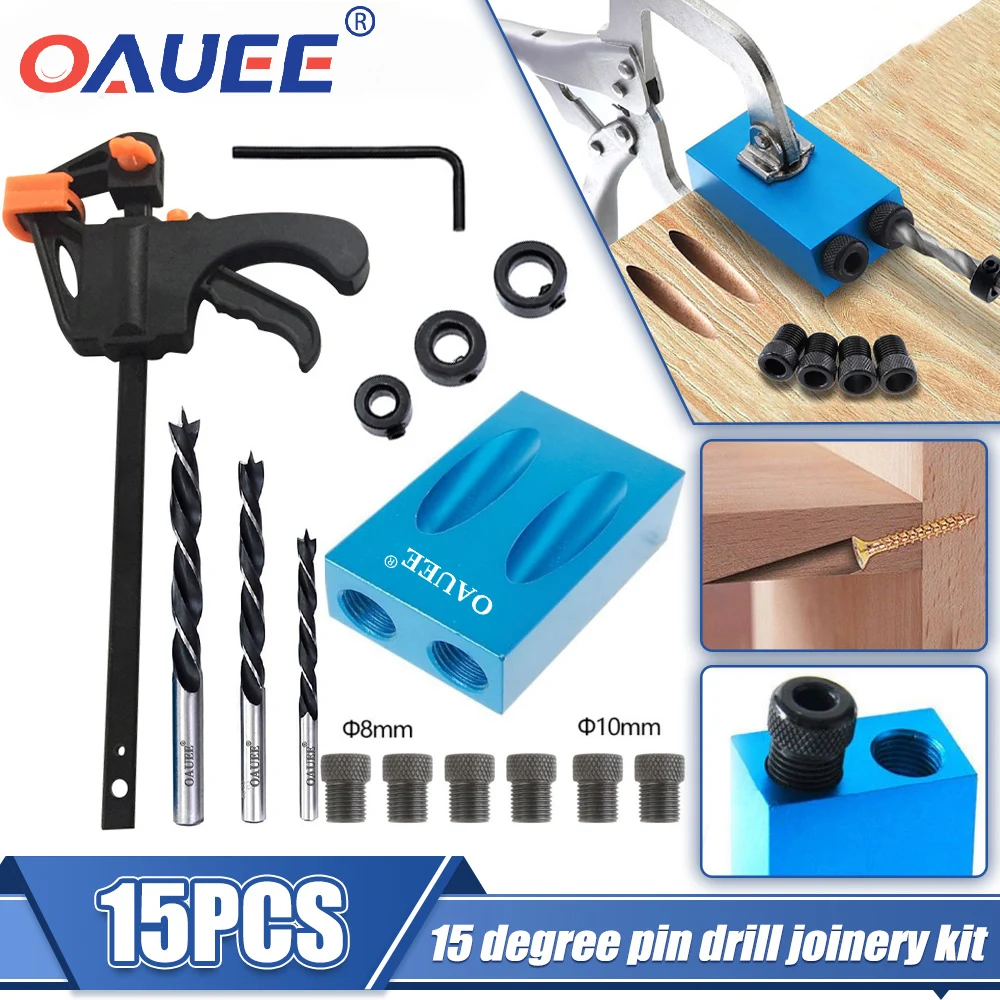 OAUEE Pocket Hole Jig Kit 15 Degrees Dowel Drill Bits Joinery Jig Carpenters Oblique Hole Locator Guide Joint Angle Locator Tool