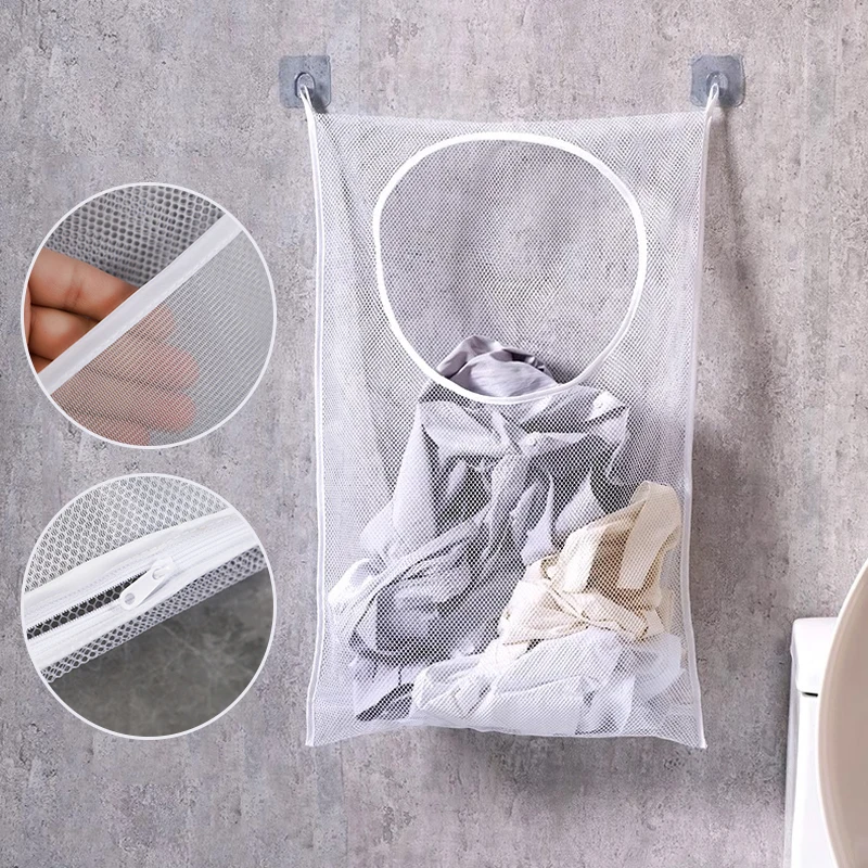 Dirty Clothes Storage Bag Basket Frame Bucket Foldable Mesh Laundry Bathroom Wall Hanging Household Clothing Organizer with Hook 2