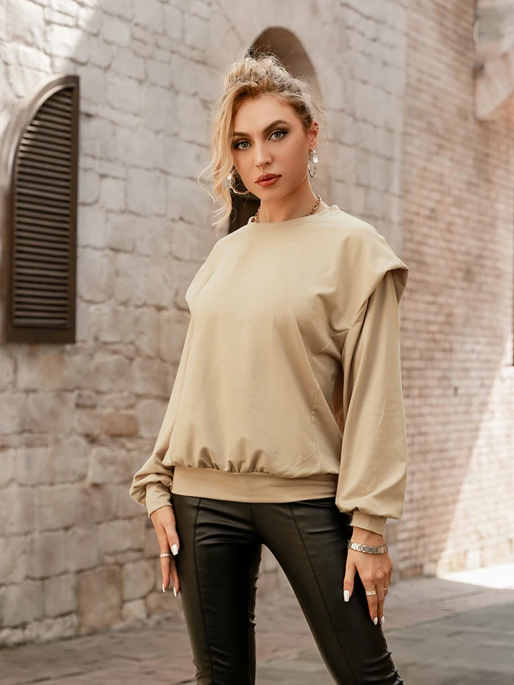 Simplee Autumn Solid O neck Office Ladies Sweatshirt Khaki Off shoulder