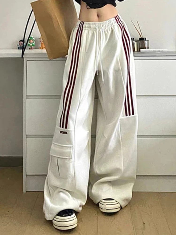 

Женские и мужские спортивные Леггинсы, винтажные брюки с широкими штанинами и множеством карманов, с эластичным поясом, в американском стиле, для отдыха, 2023