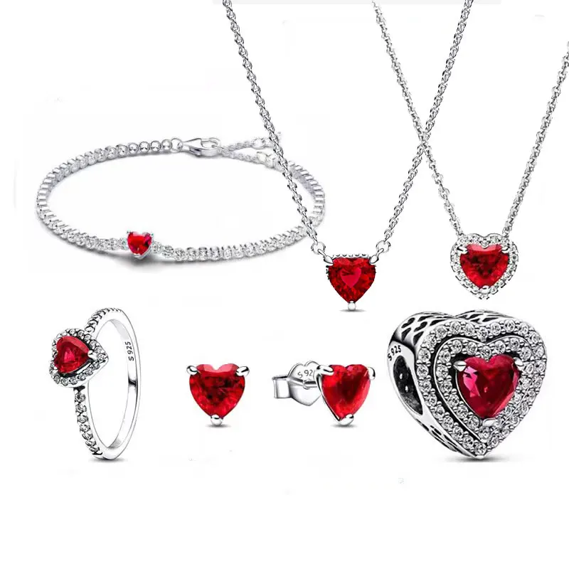 2024 San Valentino 925 Argento Scintillante Cuore Rosso Halo Ciondolo Con Ciondolo Fit Pandora Bracciale Donna Gioielli Fai Da Te