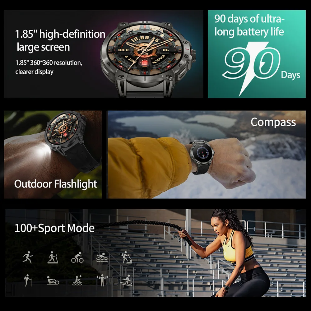 CanMixs 1.85��ġ ������ ����Ʈ �ð� ���� ��ħ�� 760mAh ���� ��ȭ Smartwatch IP68 ��� �߿� 100+������ Ʈ��Ŀ