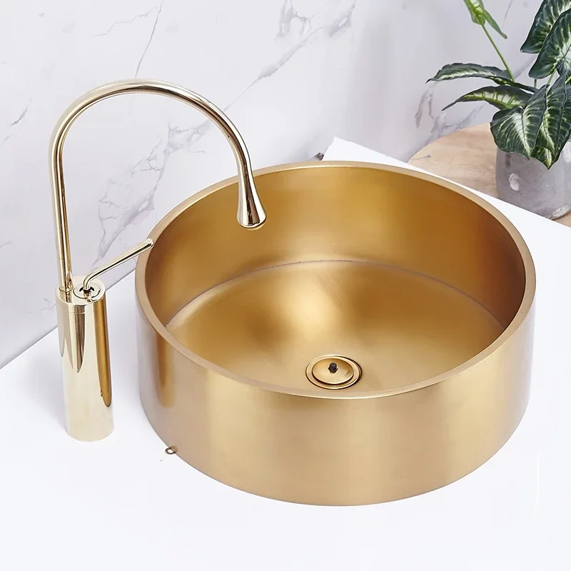 

KTV Wash Basin Hotel Villa Art Basin Round Above Counter Basin Bathroom Sink Bowl Small Size Gold 304 Stainless Steel Wash Basin