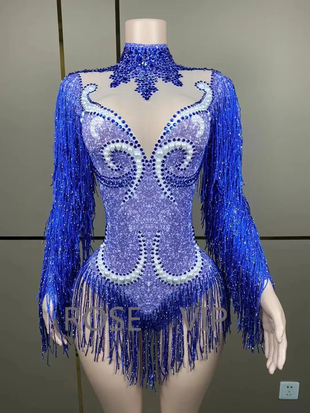 

2024 New Sparkly Rhinestones Long Sleeve Fringes Bodysuit Women Sexy Mesh Performance Costume Nightclub Singer Dancer Stage Wear