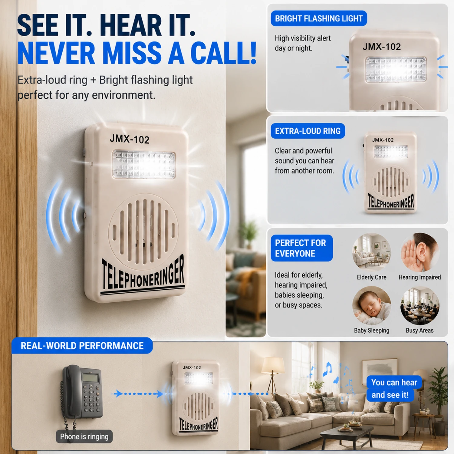 Loud Flash Telephone Ring Amplifier with Adjustable Volume Control for Hearing-Impaired Seniors