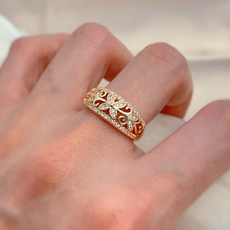 Korea 588|585 Rose Gold Plated Natural Zircon Pave Ring For