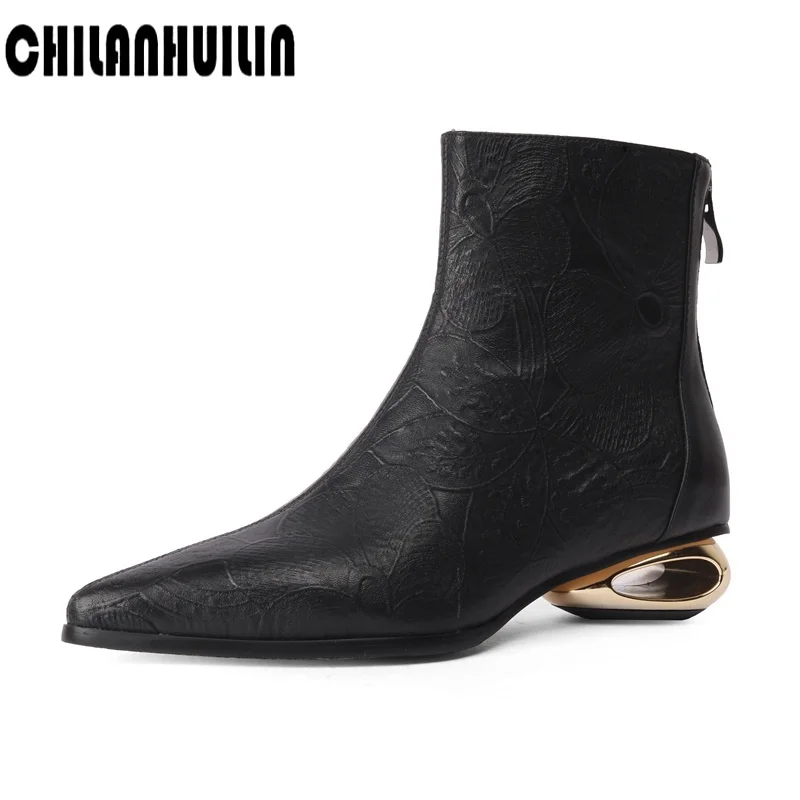 

fashion print leather ankle boots for women autumn winter boots woman lady hollowed out heel pointed toe riding boots black shoe