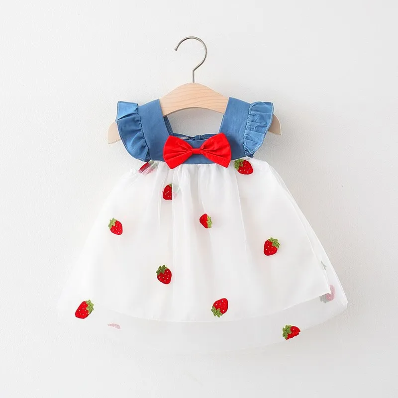 Casual Toddler Baby Girls Floral Print Bowknot Short Sleeve Princess Denim Dress 