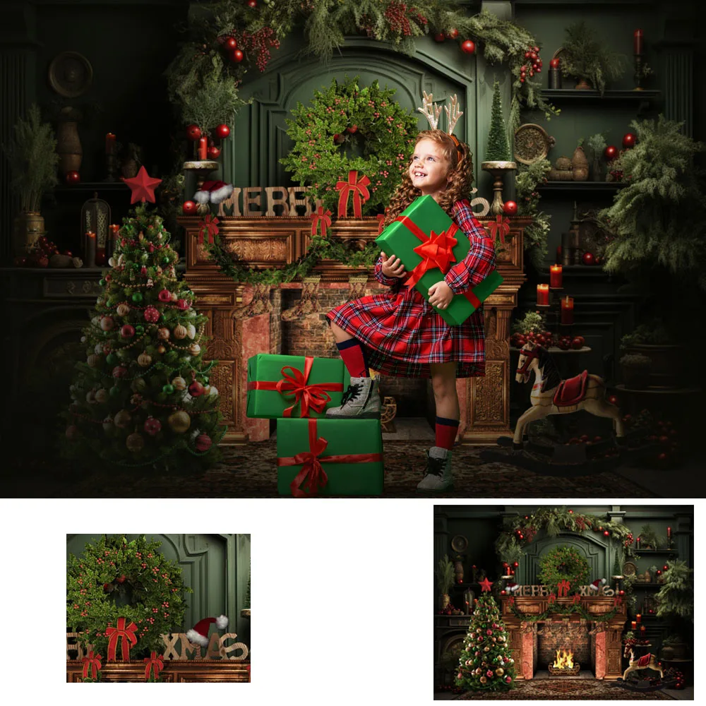 

Retro Fireplace Decor Christmas Holiday Photography Background Green Wallpaper Xmas Tree Socks Backdrop Banner Studio Shoot Prop