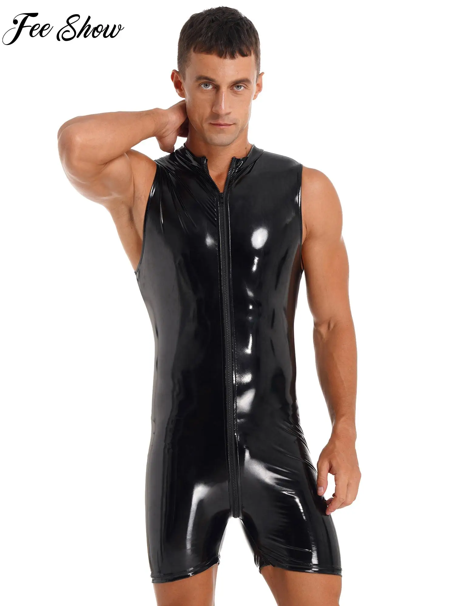

Men Sexy Lingerie Pole Dancing Costumes Sleeveless Wet Look Patent Leather Glossy Bodysuit Zipper Open Crotch Jumpsuits Clubwear