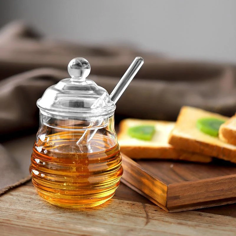 Honey Jar With Lid And Stirring Stick High Borosilicate Transparent Glass Jar Creamer Pots Jam Storage Bottle With Dipper