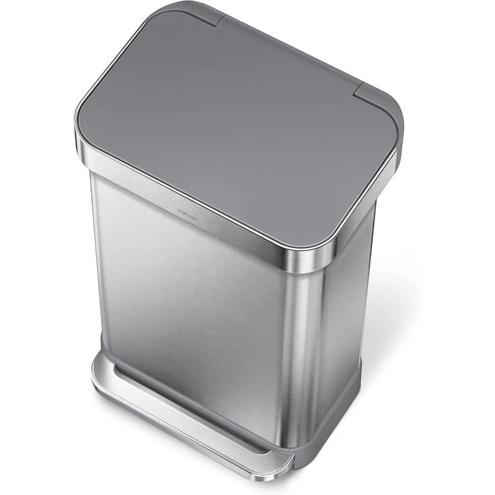 45 Liter / 12 Gallon Liter Rectangular Hands-Free Kitchen Step Trash Can with Soft-Close Lid, Brushed Stainless Steel with Plas