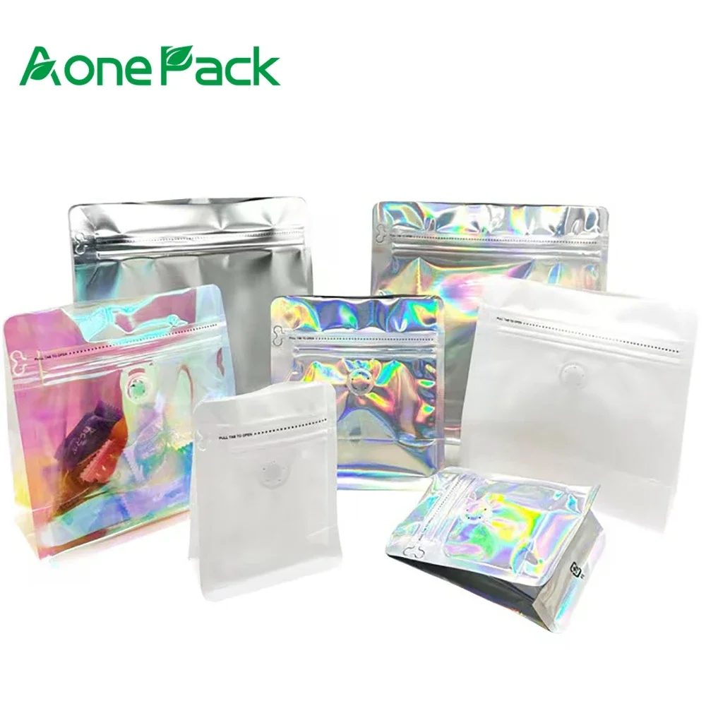 홀로그램 지퍼 마일라 커피콩 로스트 백, 플라스틱 포장, 음식 차 견과류, 커섬 로고 포장, 50g, 125g, 250g, 500g, 100 개 