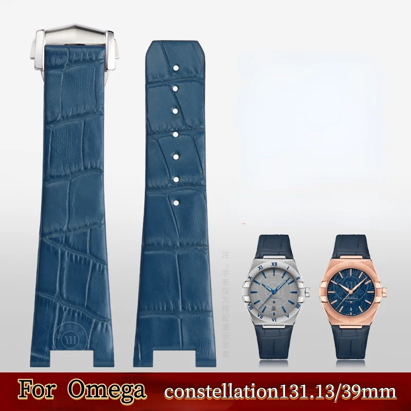 Per Omega Constellation Watchband 131.13 To Zhen Obatory 39Mm 24X13Mm Notch Cinturino In Pelle Cinturino Da Polso Da Uomo Blu