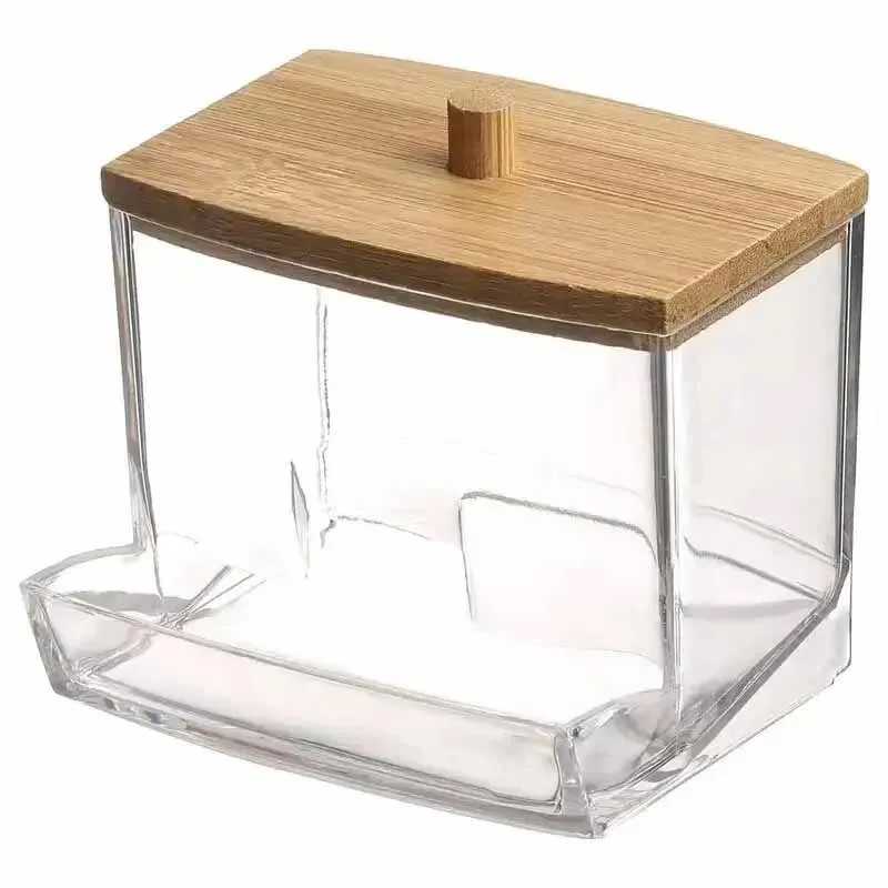Cotton Swab Storage Box Transparent Square Bamboo Cover Cotton Swab Toothpick Organize Box Double Head Ear Buds Container