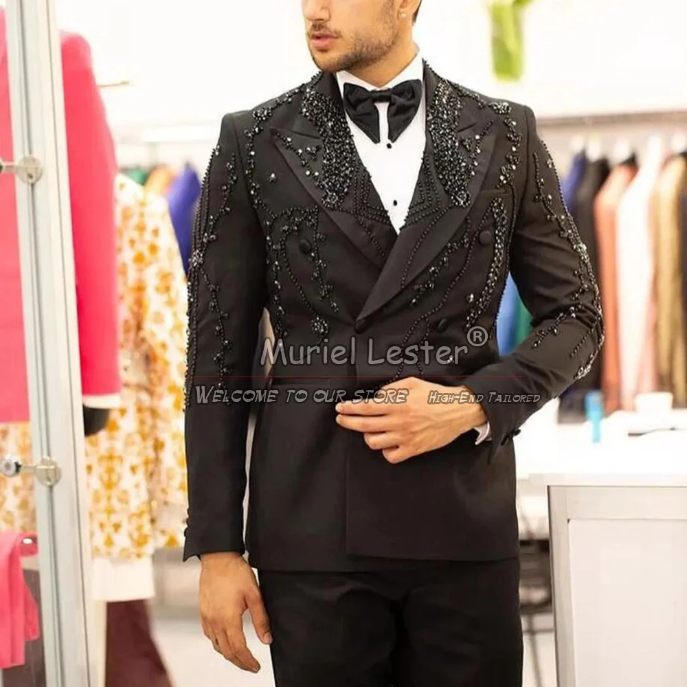 

Элегантный черный мужской костюм с бисером и кристаллами для свадьбы, двубортные Свадебные смокинги для жениха, мужской блейзер для выпускного вечера