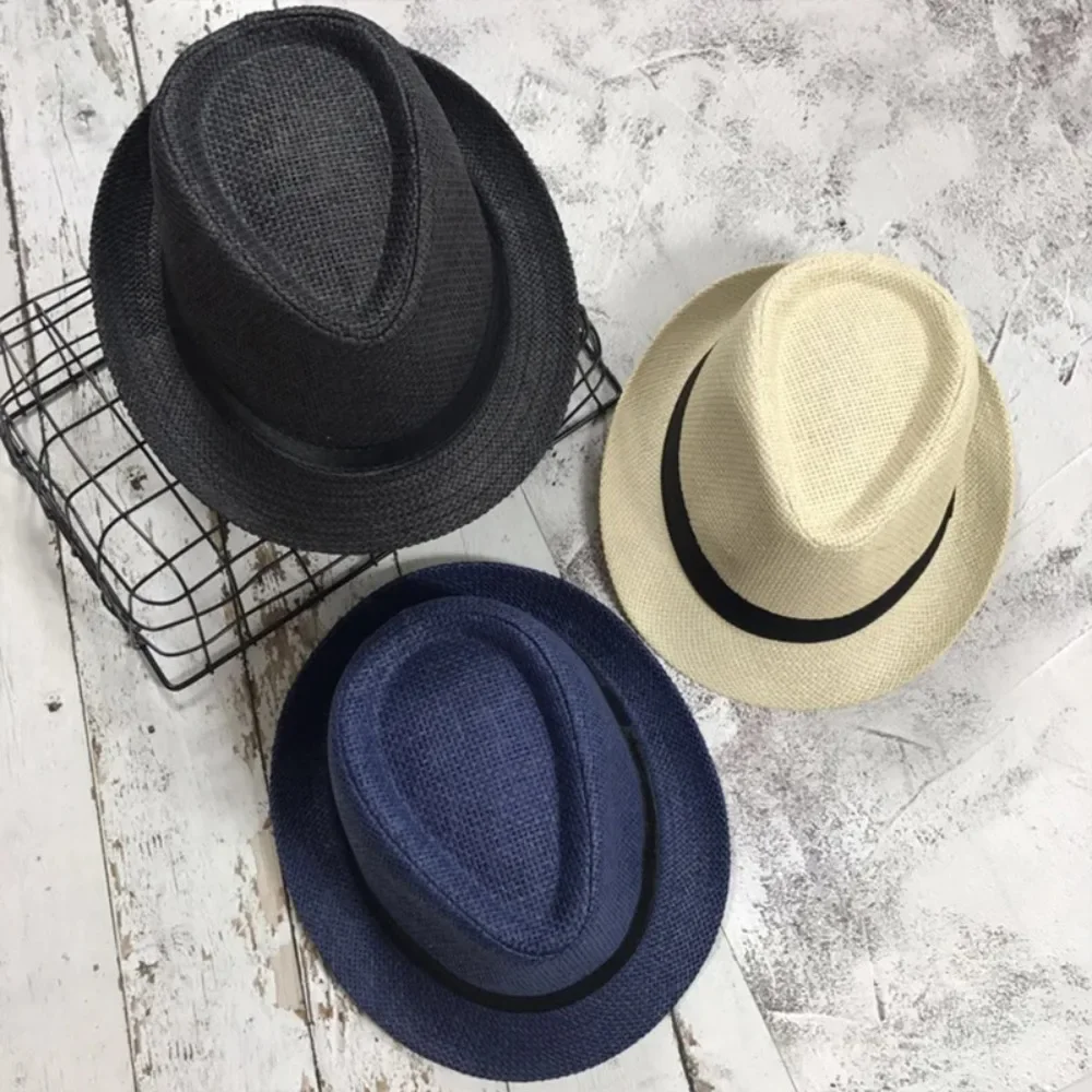 Fashion Men Straw Hat for Women Summer Trendy Beach Sun Hats Solid Color Fedoras Ribbon Casual Cowboy Jazz Cap Gangster Cap 모자