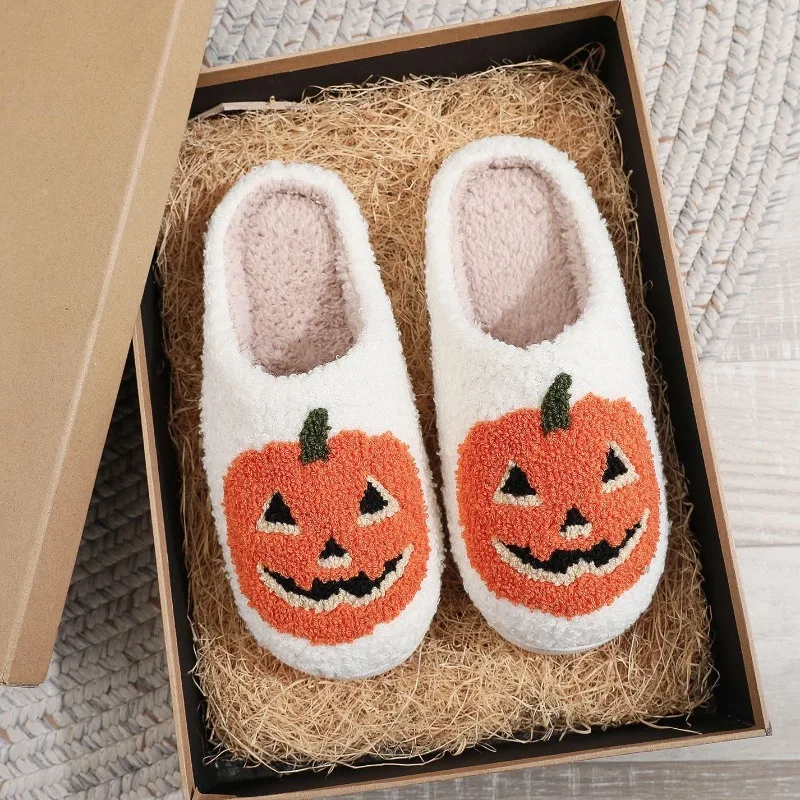 

2024 Pumpkin Halloween Slippers Women Men Soft Warm Plush Cozy Indoor Winter Home Non-slip Footwear Comfortable Shoes Fashion