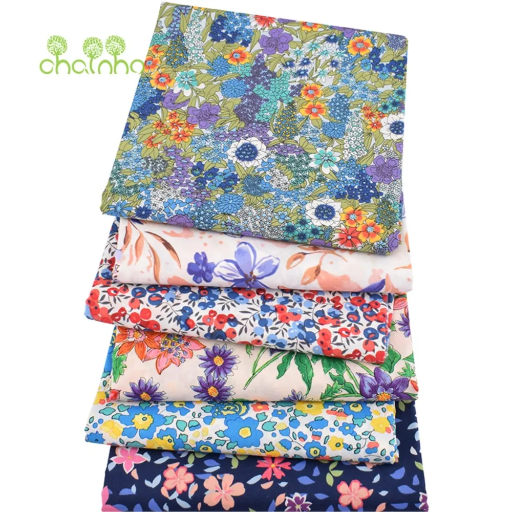Chainho,Printed Plain Weave Poplin Cotton Fabric,DIY Quilting Sewing Material,Patchwork Cloth,Floral Series,3 Sizes,15PC40