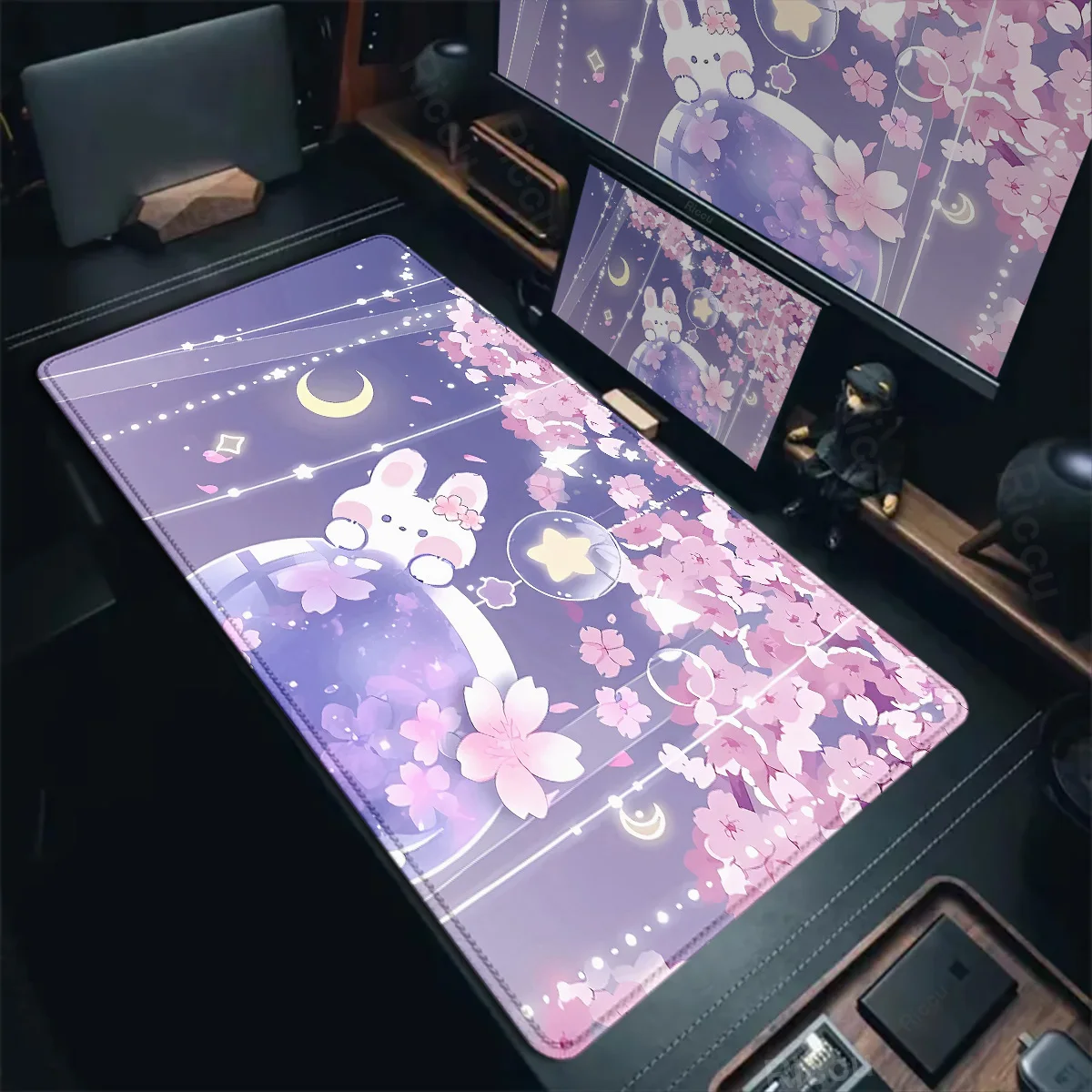 Mouse Pad Gaming Keyboard Office Accessories XXL Non-Slip Rubber Home HD Print for Kawaii Rabbit Purple Cartoon