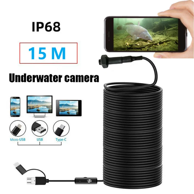 

8MM HD 15m Underwater Fishing Camera Visual Fisher Endoscope 8 LED IP68 Winter Ice Fishing Tool for Android Smartphone Tablet