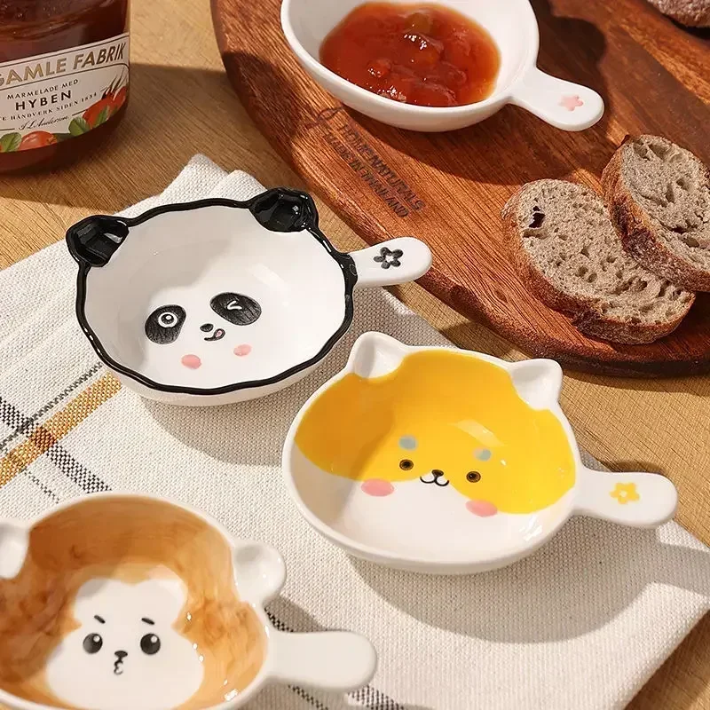 Cute Ceramics Snack Plate Cartoon Animals Saucer Hot Pot Dipping Sauce Dish Handle Dinner Plate Delicate Dessert Snack Plates 5