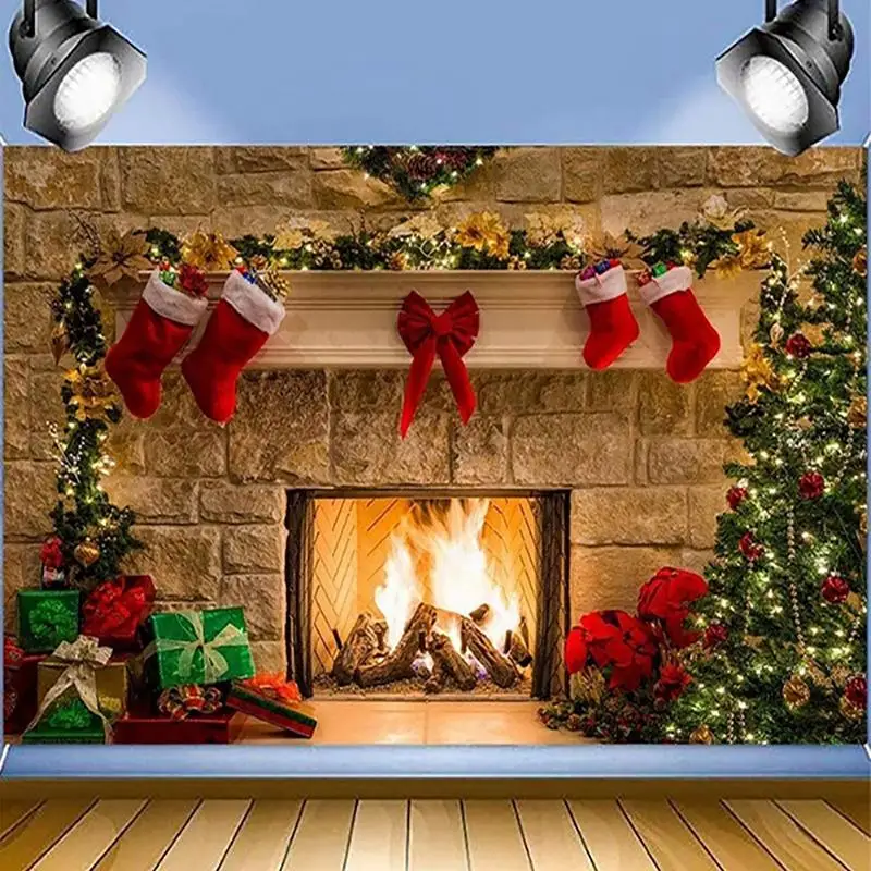 

Christmas Fireplace Backdrop Fireplace Decorative Background tapestry livingroom wall Fireplace Scene background for party Props