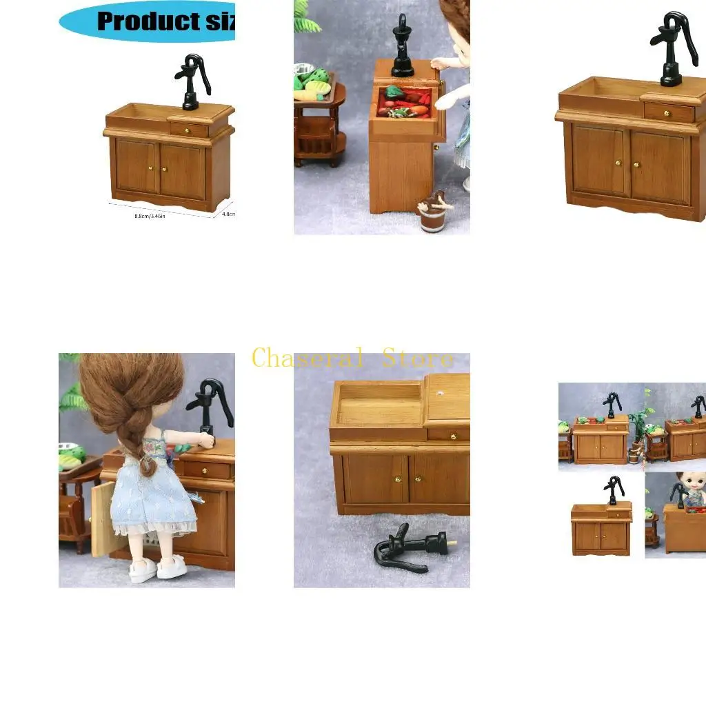 E7CE 1/12 ตู้อ่างล้างจานขนาดเล็กพร้อมก๊อกน้ำและลิ้นชักเก็บของสำหรับบ้านตุ๊กตา 1