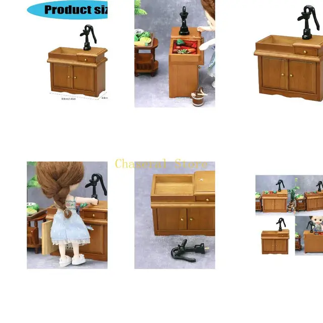 E7CE 1/12 ตู้อ่างล้างจานขนาดเล็กพร้อมก๊อกน้ำและลิ้นชักเก็บของสำหรับบ้านตุ๊กตา 1