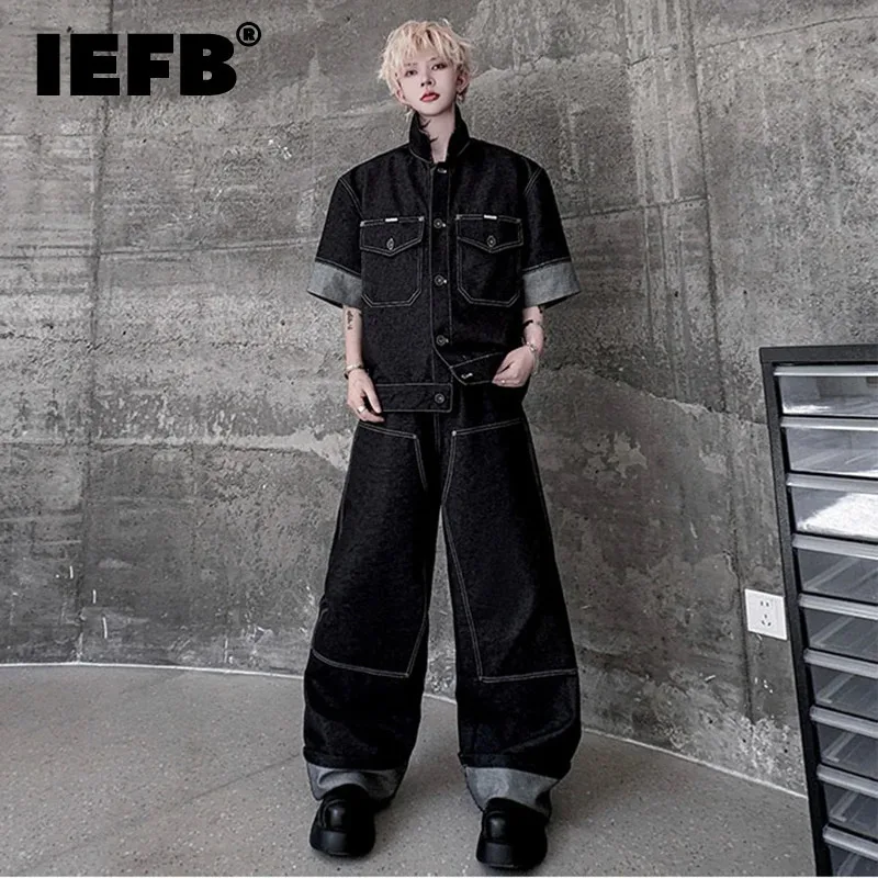 IEFB New Summer Men's Sets Letter Turnup Design Single Breasted Denim Jackets Straight Wide Leg Soldi Color Male Jeans 9W2315