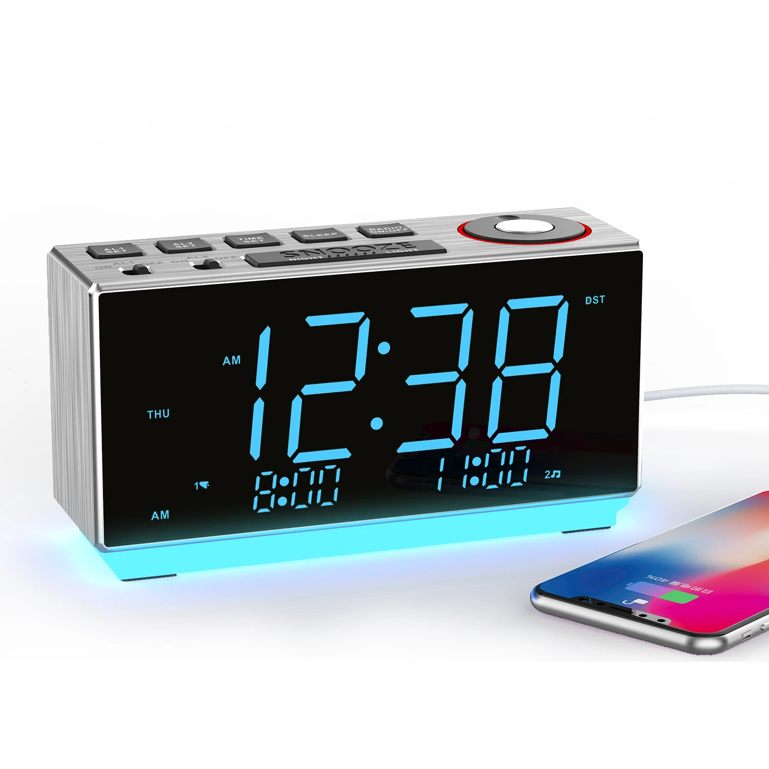 iTOMA Radio despertador con altavoz Bluetooth, radio FM, alarma dual con  repetición, pantalla LED grande, control de atenuación, salida de carga USB  y