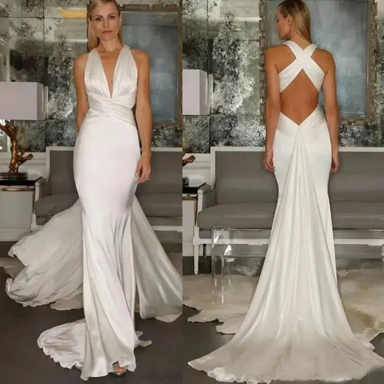 

LaBoum Simple Wedding Dresses For Women Halter Bridal Gowns Mermaid Satin Cross Back Robe De Mariée Sweep Train Vestido de Novia
